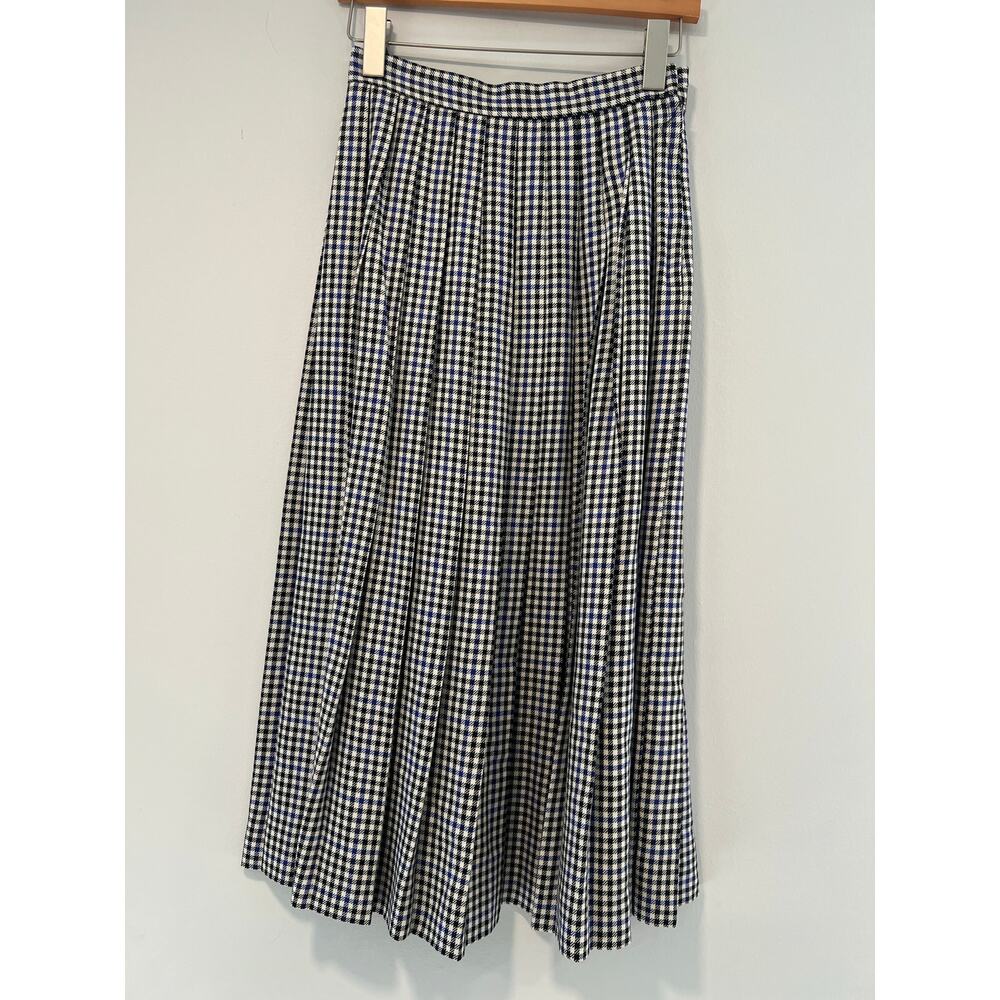 Vintage David Brooks Wool & Rayon Pleated Maxi Skirt Black and Blue Plaid 4 JL